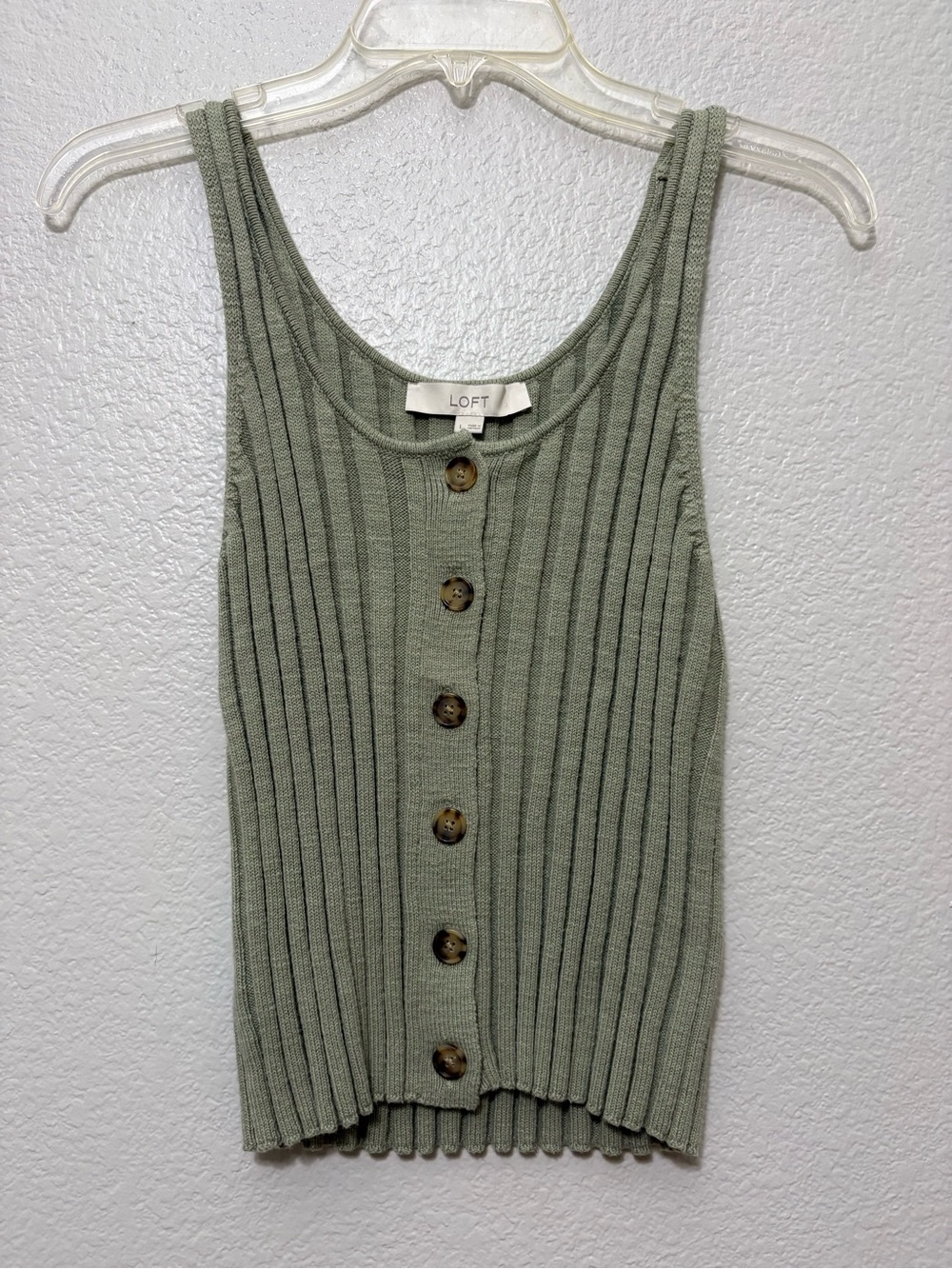 LOFT Ribbed Sage-Green Button Front Tank